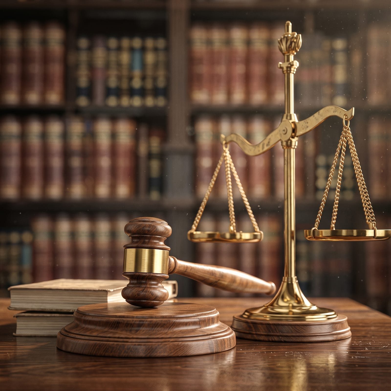 Gavel and golden scales of justice on a polished desk