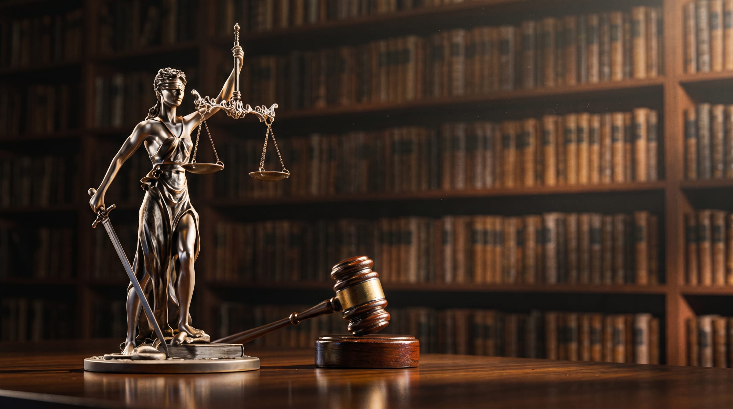Statue of Lady Justice with scales and gavel in a law library